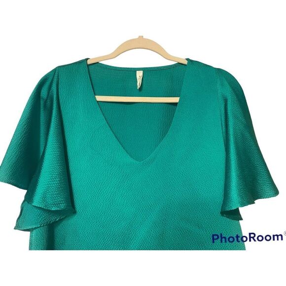Tyche Flutter Sleeve Kelly Green V-Neck Top Sz. L Holidays, Cocktail - Picture 4 of 7